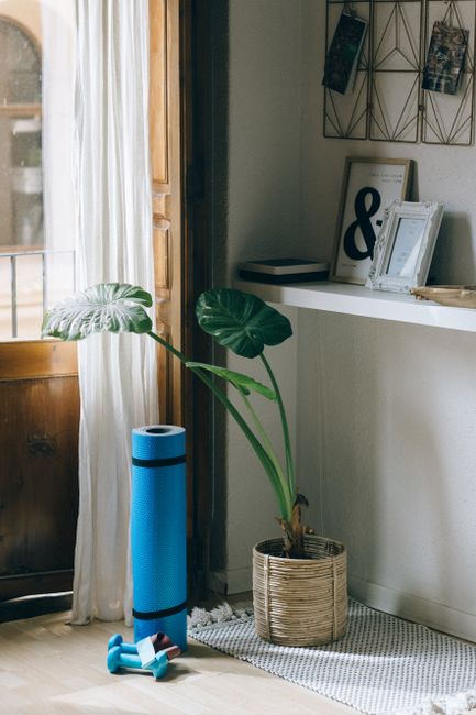Rincón de casa con esterilla enrollada, mancuernas y una planta, listo para practicar pilates